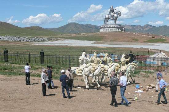 A giant statue of Genghis Khan, 131 feet tall and made from 250 tons of stainless steel sits in Tsonjin Boldog, Mongolia, about an hour outside of Ulan Bator on August 8th, 2009. The monument is part of a planned theme park called the Chinggis Khaan Statue Complex. (Wikimedia user Brücke-Osteuropa).